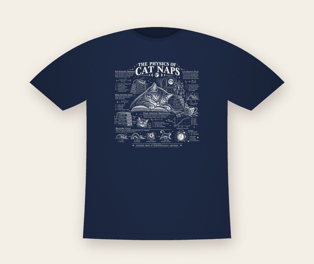 Navy T-shirt with The Physics of Cat Naps: a chalkboard-science poster around a sleeping cat in glasses