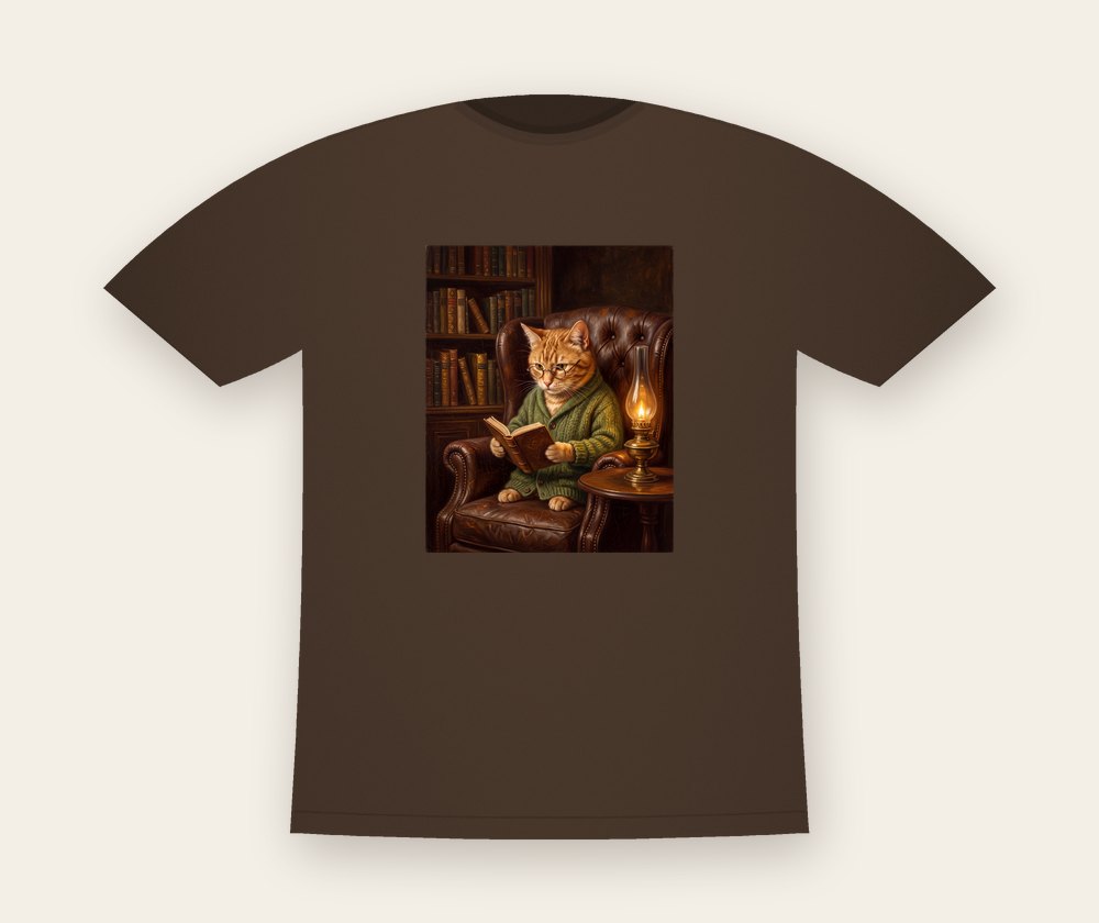Brown T-shirt with an oil-painting portrait of a ginger cat in glasses reading in a leather armchair