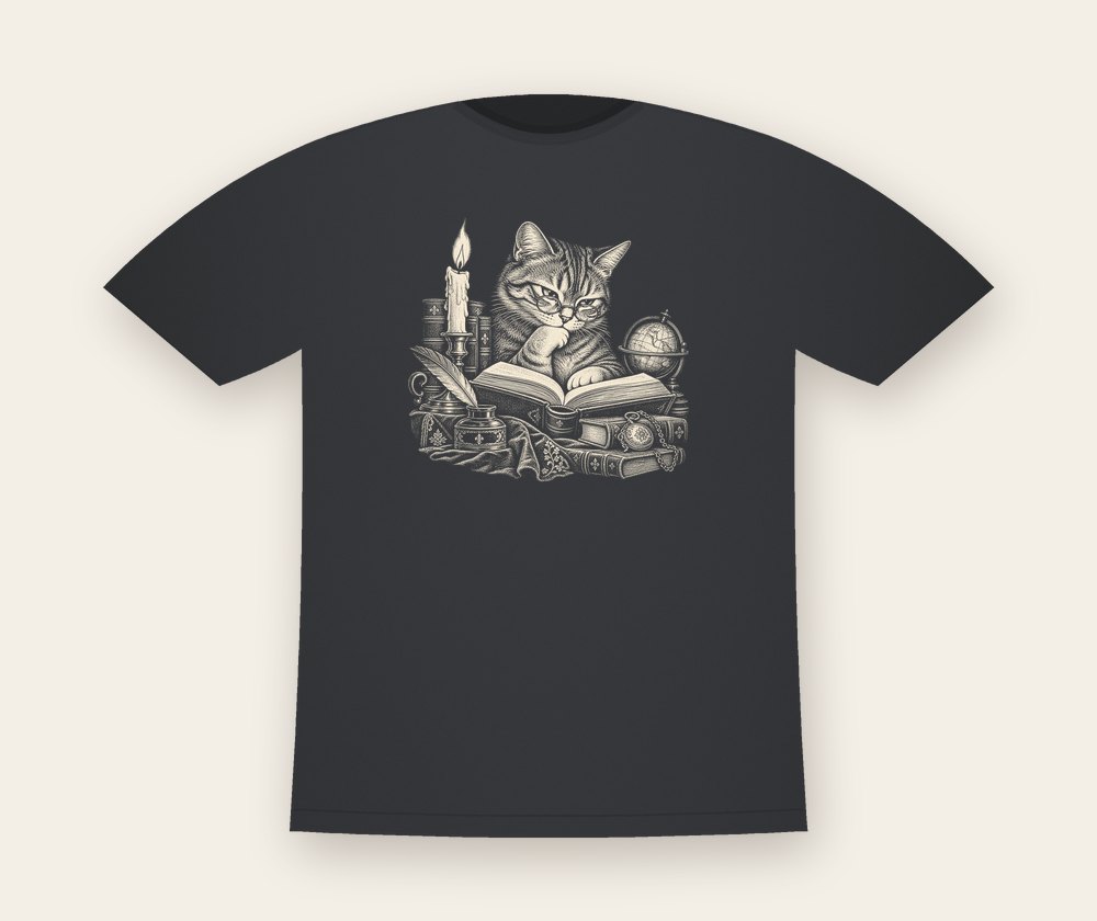 Asphalt T-shirt with an engraving of a cat in glasses reading by candlelight next to a globe