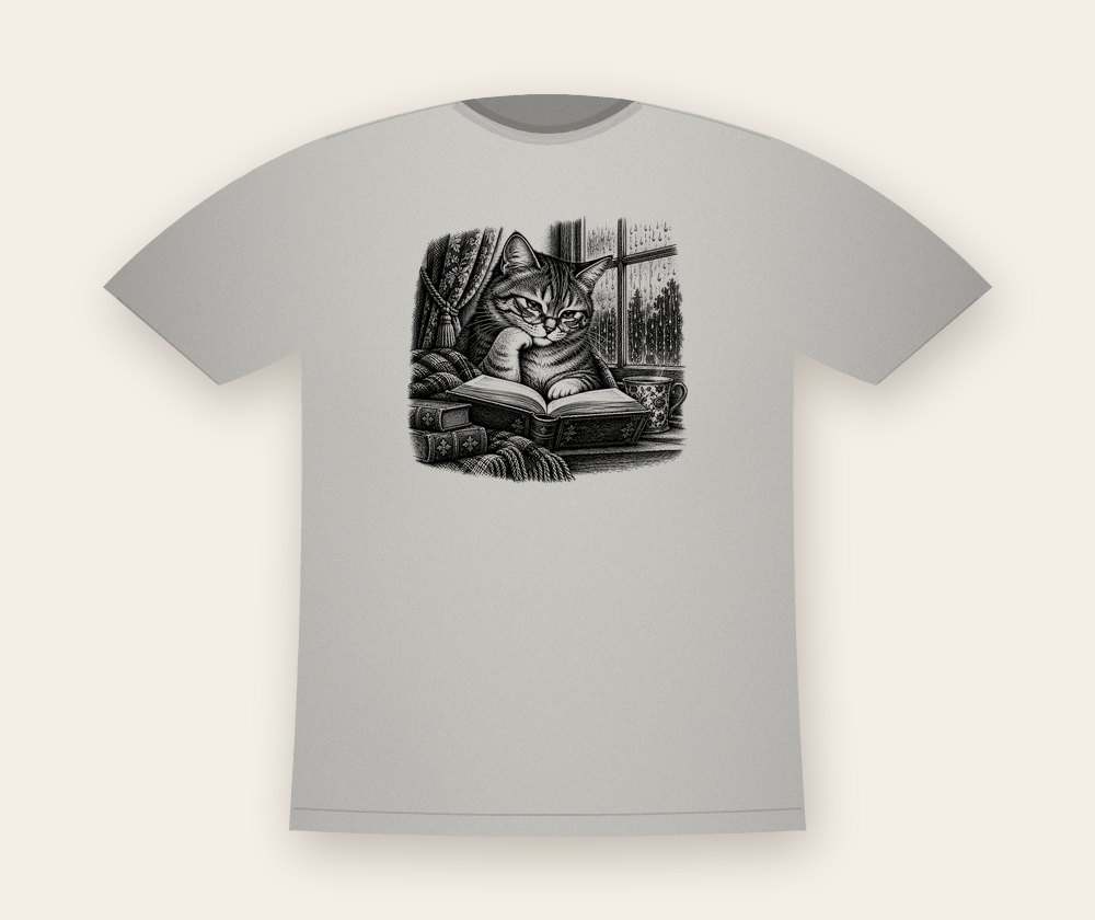 Heather grey T-shirt with an engraving of a cat in glasses reading by a rainy window